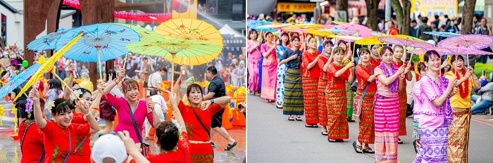 潑水祈福歡慶節慶熱潮與踩街活動呈現多元文化。(桃園市文化局提供)