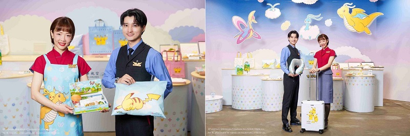 左圖:華航「皮卡丘彩繪機 CI2」設計多款超吸睛的主題機上用品、兒童餐盒及客艙組員圍裙,讓大小朋友都能沉浸被寶可夢包圍的幸福感。
右圖:「皮卡丘彩繪機 CI2」聯名周邊商品將於 4 月初陸續開賣,包含登機箱、頸枕、飛行夾克等,歡迎寶可夢玩家可上華航 eMall 網站購買,把握機會收藏。(華航提供)