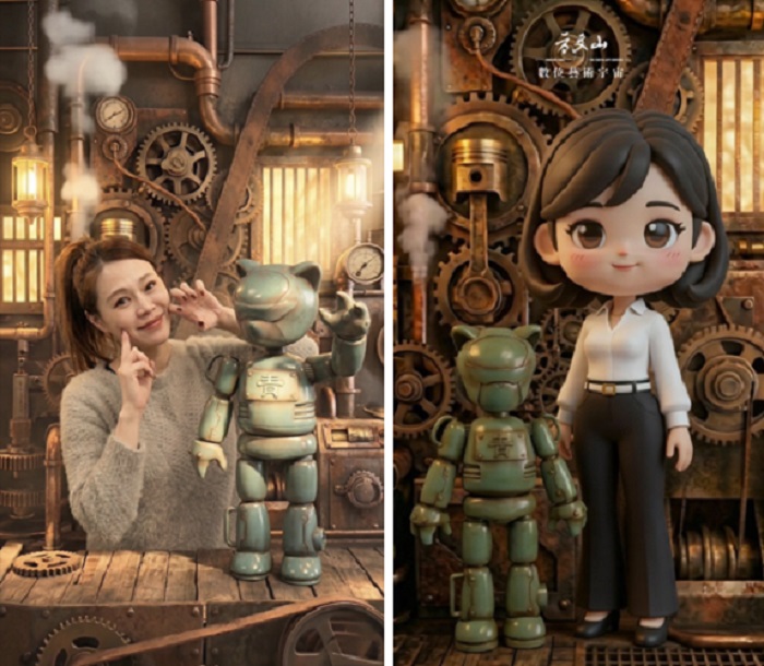 運用生成 AI 技術,讓觀眾走入虛擬場景與展品合影;可選擇 Q 版造型或個人照片,生成專屬影像。(圖/晧飛思科技提供)